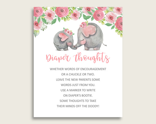 Pink Elephant Baby Shower Diaper Thoughts Printable, Girl Pink Grey Late Night Diaper Sign, Words For Wee Hours, Write On Diaper ep001