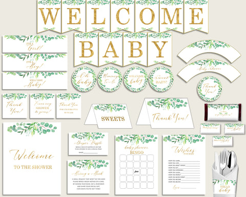 Green Gold Baby Shower Decorations Gender Neutral Kit, Greenery Baby Shower Party Package Printable, Instant Download, Most Popular Y8X33