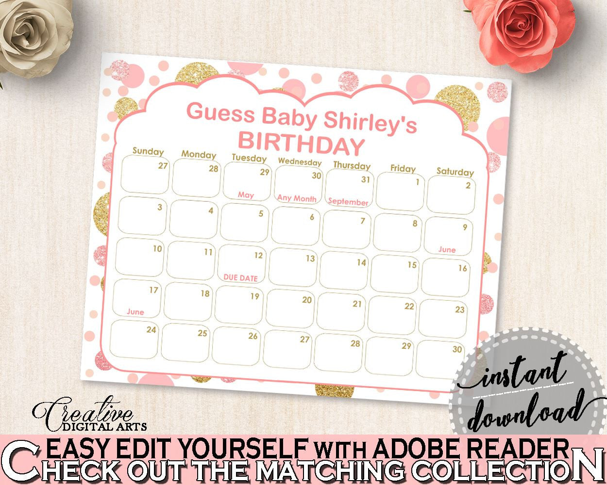 Pink Gold Birthday Predictions, Baby Shower Birthday Predictions, Dots Baby Shower Birthday Predictions, Baby Shower Dots Birthday RUK83 - Digital Product