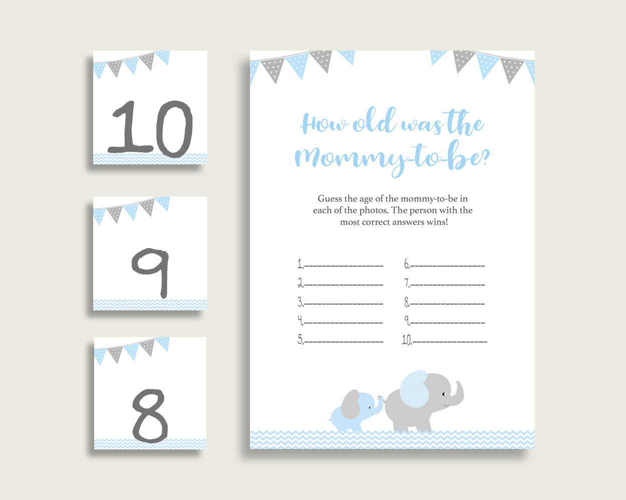 Blue Grey How Old Was The Mommy To Be, Boy Baby Shower Game Printable, Elephant Guess Mommy's Age Game, Instant Download, Most Popular ebl02