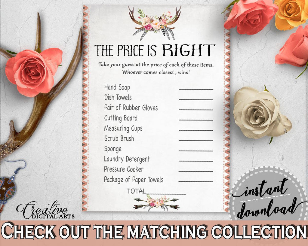 Antlers Flowers Bohemian Bridal Shower The Price Is Right Game in Gray and Pink, bridal shower price, party ideas, party décor - MVR4R - Digital Product