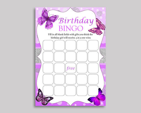 Birthday Game Butterfly Gift Bingo Butterfly Birthday Bingo Purple White Party Activity Girl OHI62