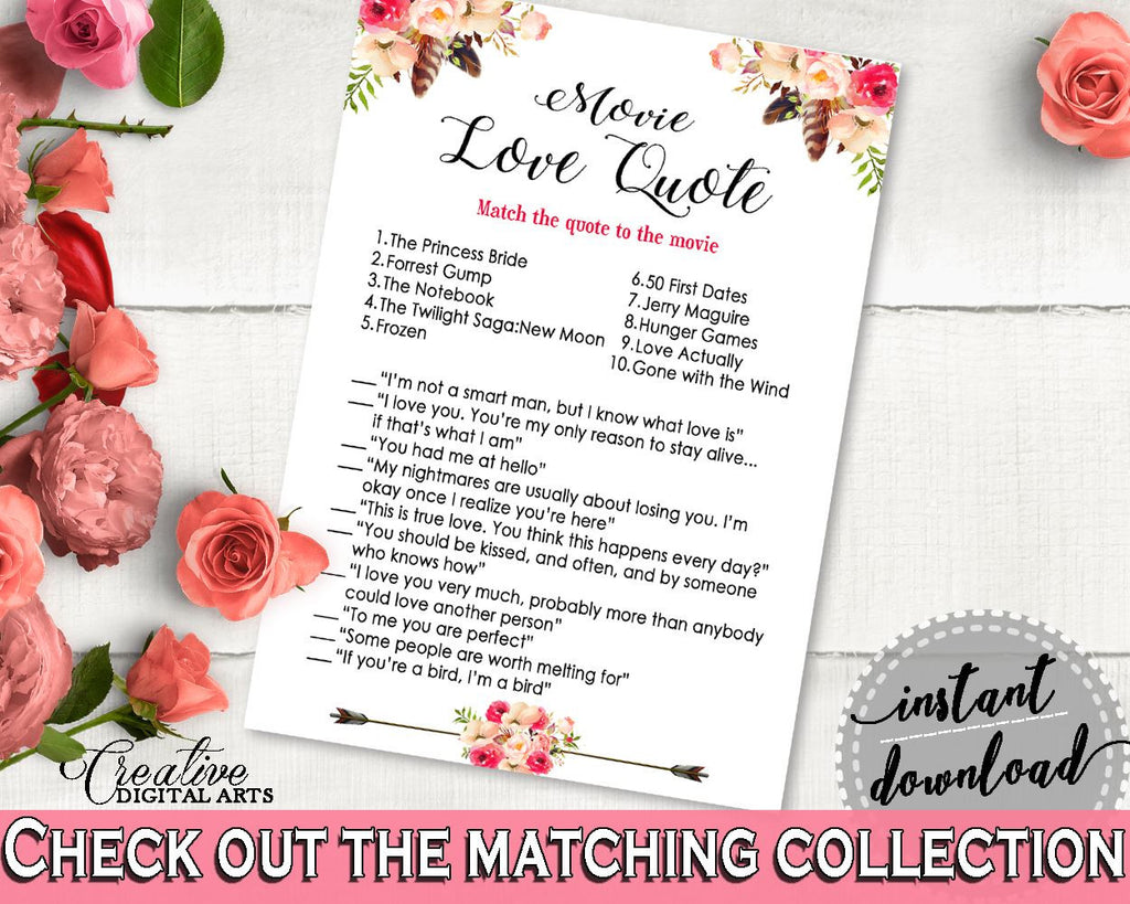 Pink And Red Bohemian Flowers Bridal Shower Theme: Movie Love Quote Game - matching love quotes, stylish bridal, party planning - 06D7T - Digital Product