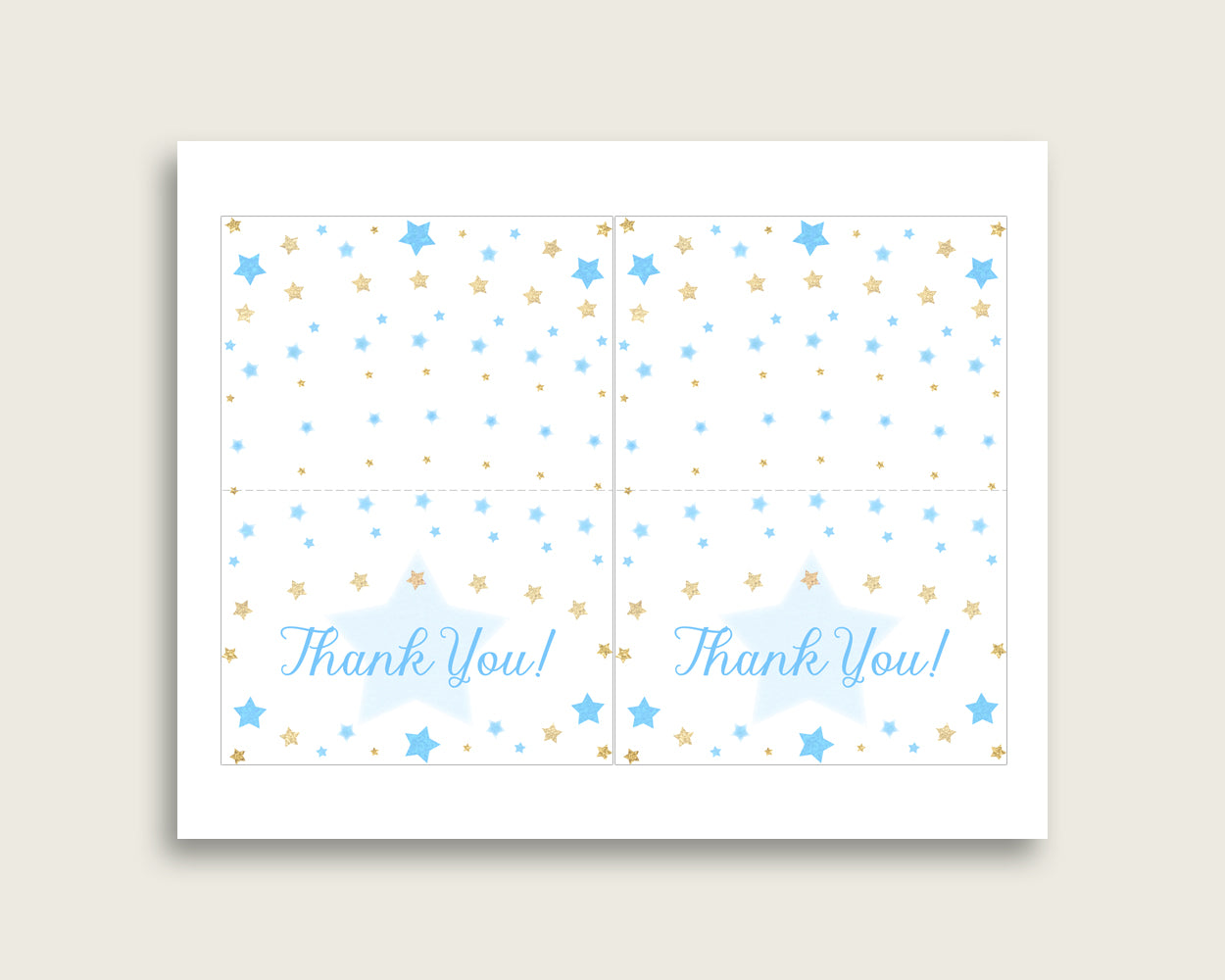 Blue Gold Thank You Cards Printable, Stars Baby Shower Thank You Notes, Boy Shower Thank You Folded, Instant Download, Most Popular bsr01