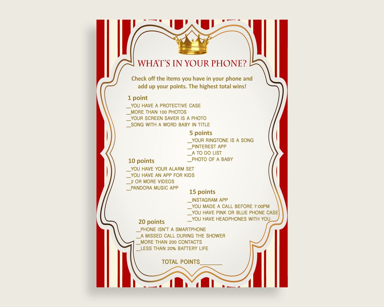 Red Gold What's In Your Phone Game, Prince Baby Shower Boy, What's In Your Cell Phone Printable, Instant Download, Cute Theme Crown 92EDX