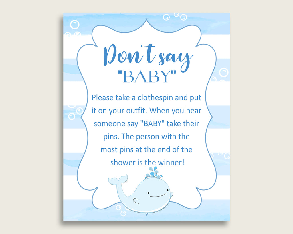 Blue White Don't Say Baby Printable Game, Boy Baby Shower Whale Game Sign, Instant Download, 8x10, Watercolor Stripes Light Blue wbl01