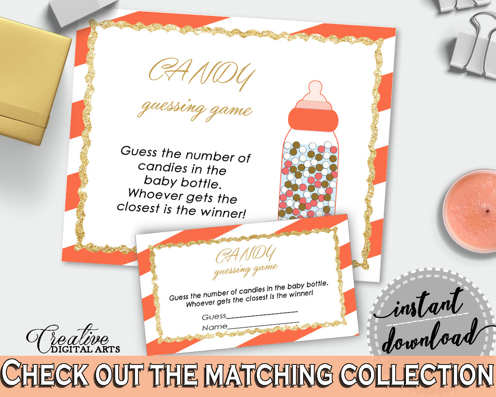 CANDY GUESSING GAME sign and tickets, glitter baby shower, orange stripe theme printable, gender neutral, Jpg Pdf, instant download - bs003