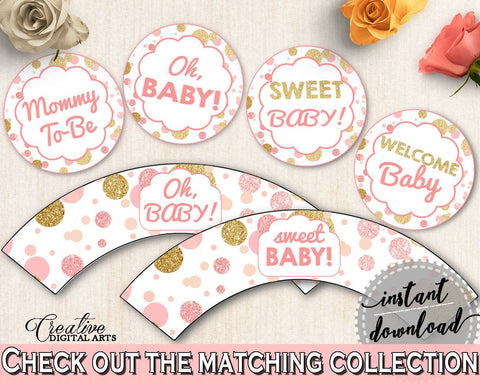 Pink Gold Cupcake Toppers And Wrappers, Baby Shower Cupcake Toppers And Wrappers, Dots Baby Shower Cupcake Toppers And Wrappers, Baby RUK83 - Digital Product