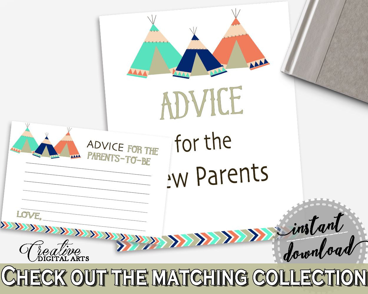 Advice Cards Baby Shower Advice Cards Tribal Teepee Baby Shower Advice Cards Baby Shower Tribal Teepee Advice Cards Green Navy - KS6AW - Digital Product