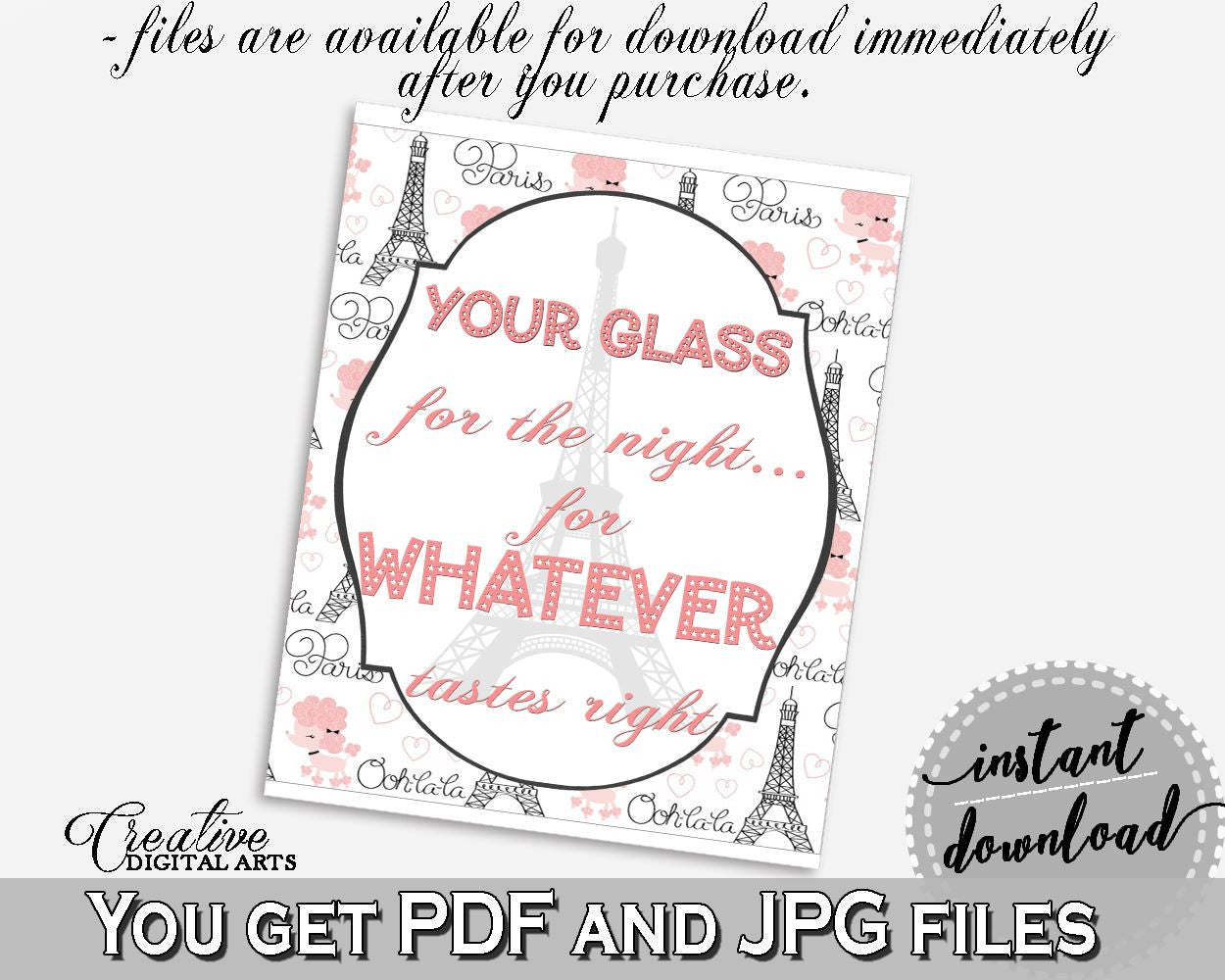 Pink And Gray Paris Bridal Shower Theme: Your Glass For The Night Sign - tastes right, french bridal shower, party décor, prints - NJAL9 - Digital Product