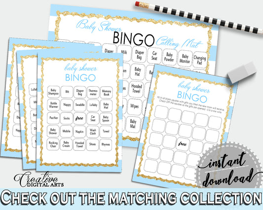 Baby Shower printable BINGO 60 cards game and empty gift BINGO cards with blue and white stripes theme, instant download - bs002