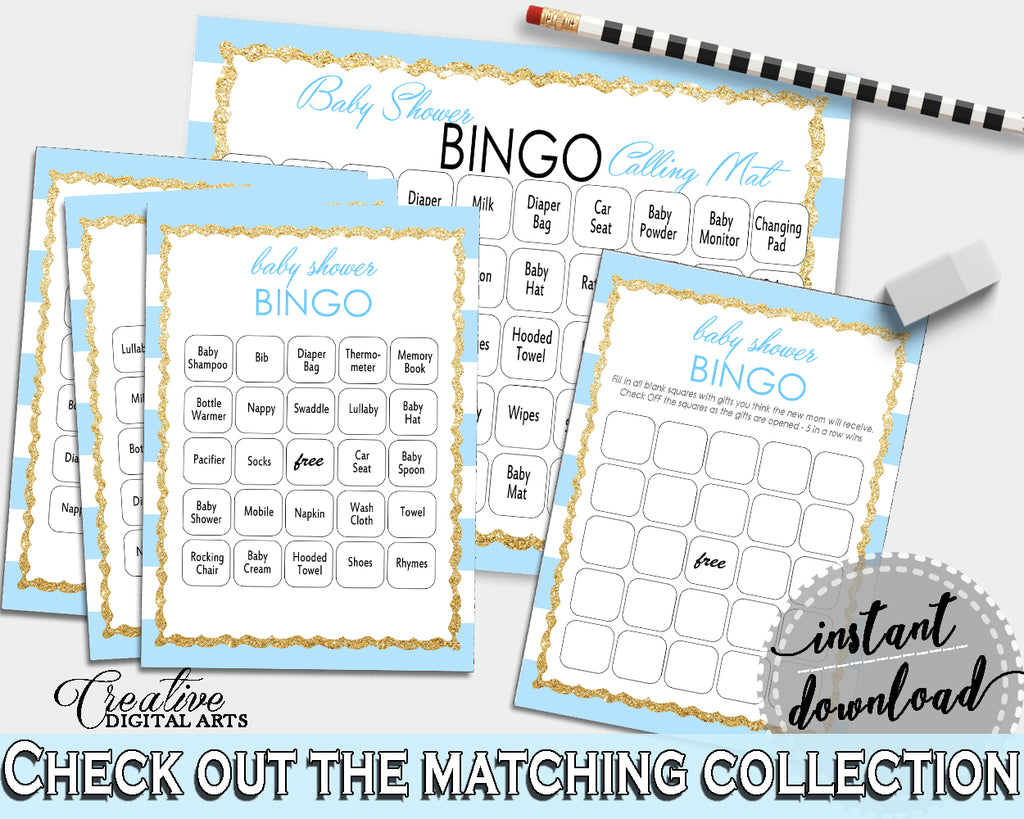 Baby Shower printable BINGO 60 cards game and empty gift BINGO cards with blue and white stripes theme, instant download - bs002