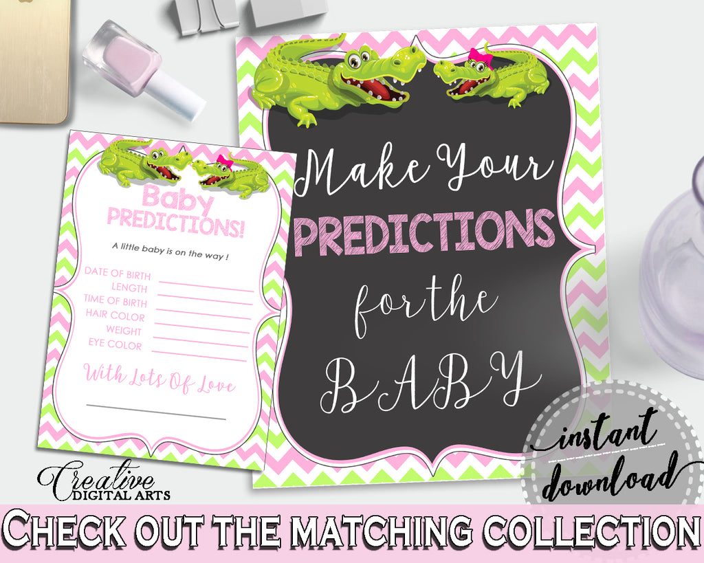 Baby PREDICTIONS sign and cards activity printable for baby shower with green alligator and pink color theme, instant download - ap001