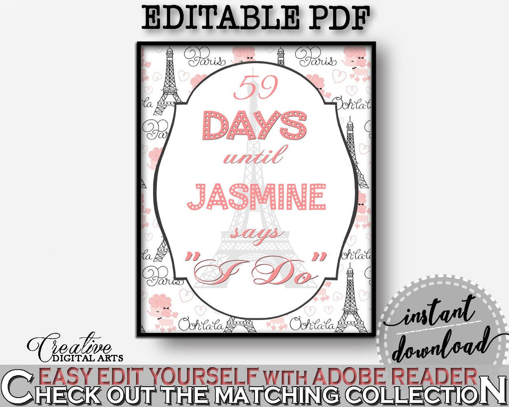 Paris Bridal Shower Days Until I Do in Pink And Gray, bachelorette sign, paris theme bridal, party theme, customizable files, prints - NJAL9 - Digital Product