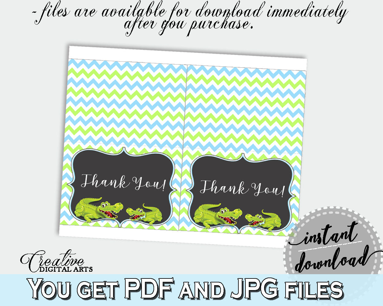 Baby shower THANK YOU card printable with green alligator and blue color theme for boys, instant download - ap002