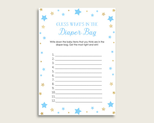 Stars Guess What's In The Diaper Bag Game, Boy Baby Shower Blue Gold Diaper Game Printable, Instant Download, Little Star, bsr01