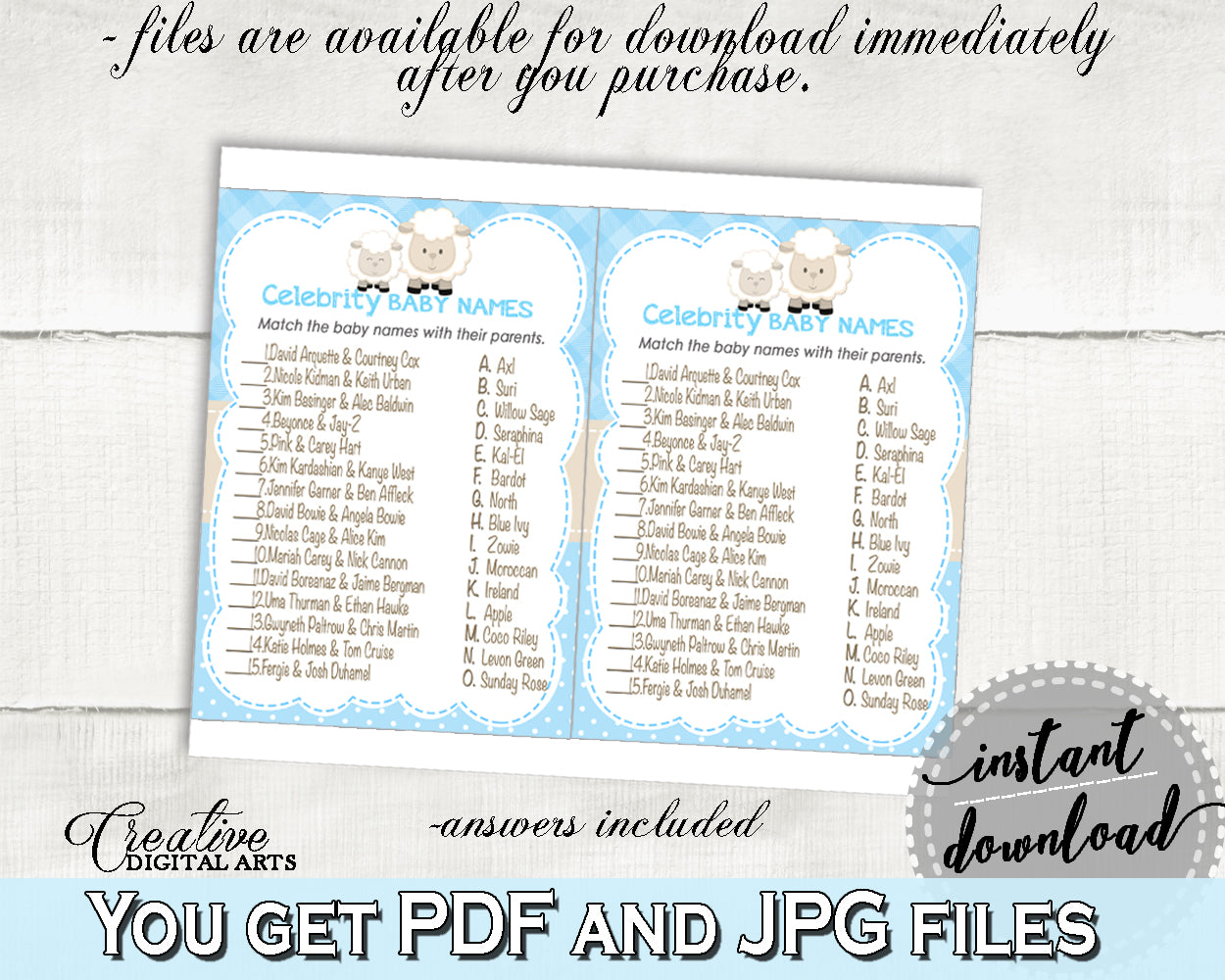 CELEBRITY BABY NAMES boy little lamb baby shower game blue theme sheep printable, digital files jpg pdf, instant download - fa001