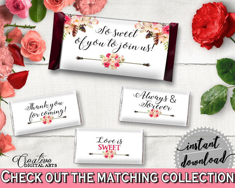 Hershey Mini And Standard Wrappers in Bohemian Flowers Bridal Shower Pink And Red Theme, eye-catching, boho chic, party decor - 06D7T - Digital Product