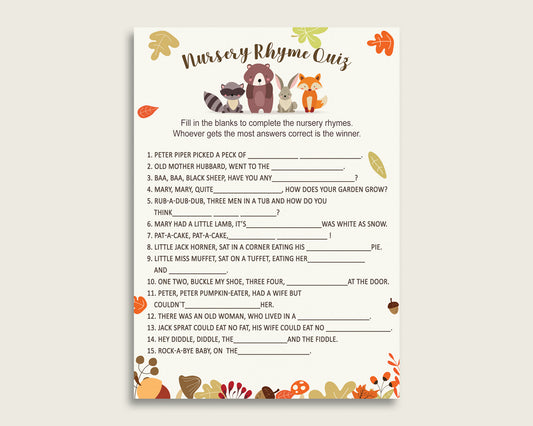 Woodland Nursery Rhyme Quiz Printable, Brown Beige Nursery Rhyme Game, Brown Beige Baby Shower Gender Neutral Activities, Instant w0001