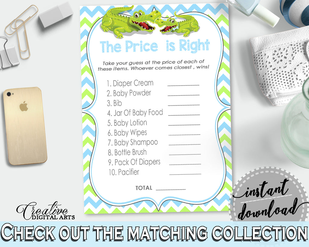Baby Shower THE PRICE IS RIGHT game with green alligator and blue color theme, instant download - ap002