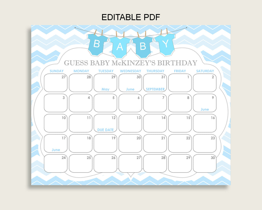 Blue White Guess Baby Due Date Calendar Game Printable, Chevron Baby Shower Boy Birthday Prediction Calendar Editable, Instant cbl01