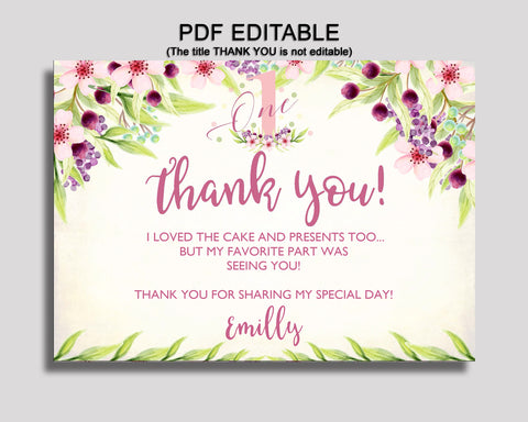 First Thank You Card First Birthday Thank You Pink Green Editable First Printable Thank You Girl KAF9O