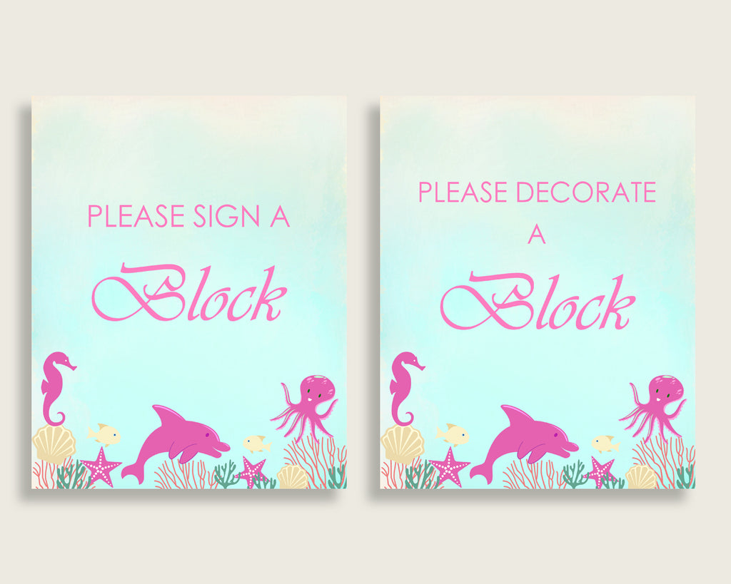 Pink Green Please Sign A Block Sign and Decorate A Block Sign Printables, Under The Sea Girl Baby Shower Decor, Instant Download, uts01