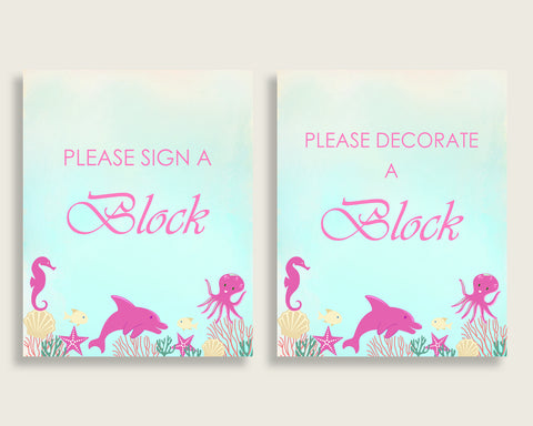 Pink Green Please Sign A Block Sign and Decorate A Block Sign Printables, Under The Sea Girl Baby Shower Decor, Instant Download, uts01