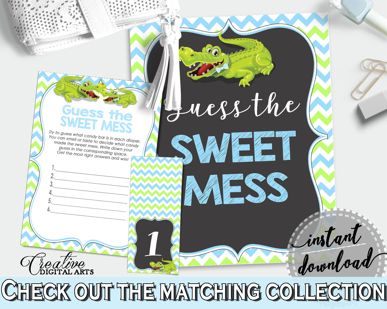 Baby shower GUESS THE SWEET MESS game cards tents and sign with green alligator and blue color theme, instant download - ap002