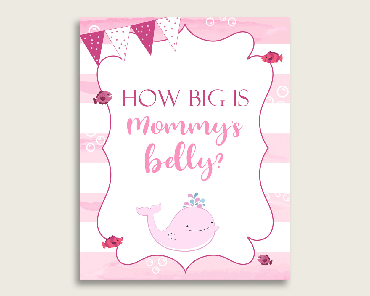 Pink White How Big Is Mommy's Belly Game, Pink Whale Baby Shower Girl, Guess Mommys Belly Size, Mommy Tummy Game, Instant Download, wbl02