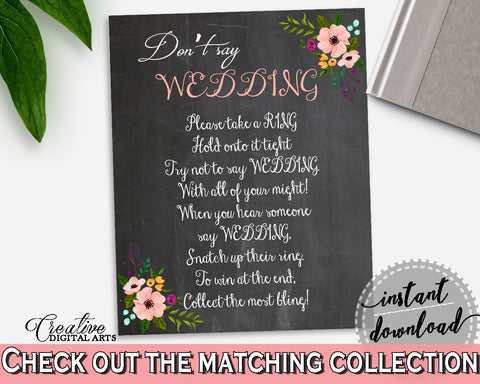 Black And Pink Chalkboard Flowers Bridal Shower Theme: Don't Say Wedding Game - the word wedding, black bridal shower, digital print - RBZRX - Digital Product
