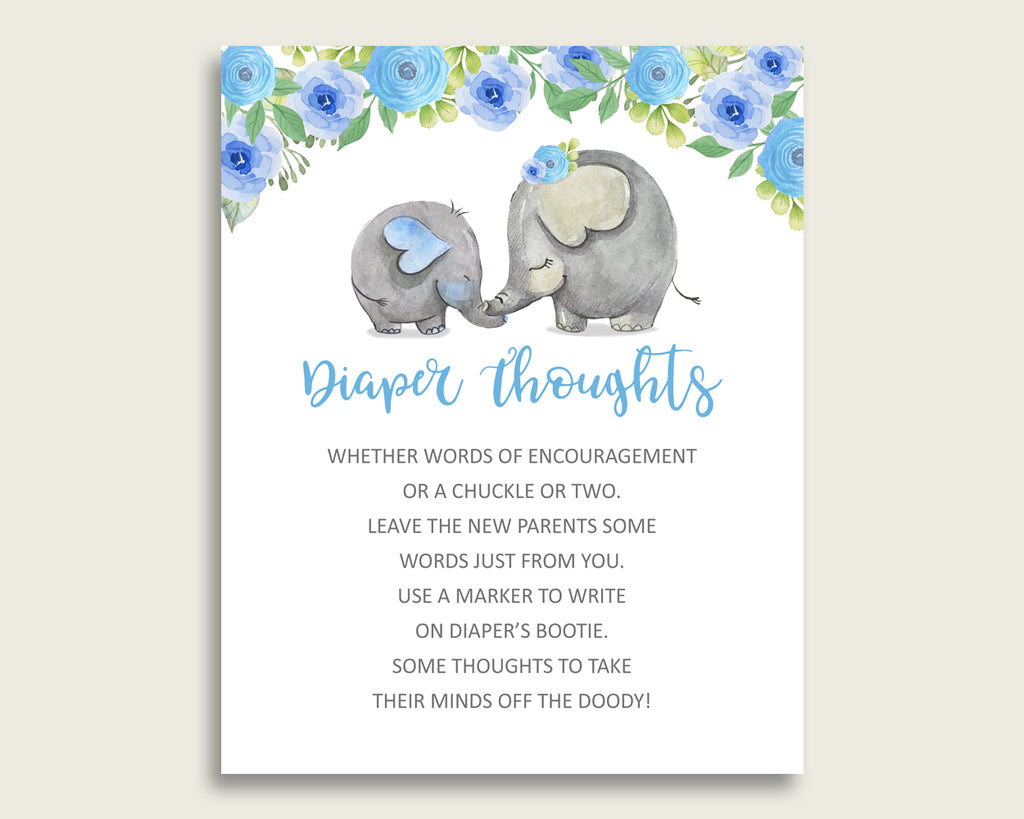 Elephant Blue Baby Shower Diaper Thoughts Printable, Boy Blue Gray Late Night Diaper Sign, Words For Wee Hours, Write On Diaper ebl01