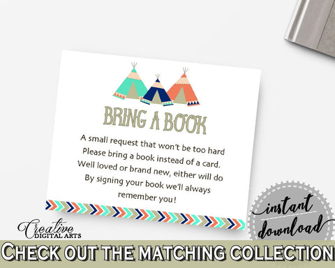 Bring A Book Baby Shower Bring A Book Tribal Teepee Baby Shower Bring A Book Baby Shower Tribal Teepee Bring A Book Green Navy - KS6AW - Digital Product