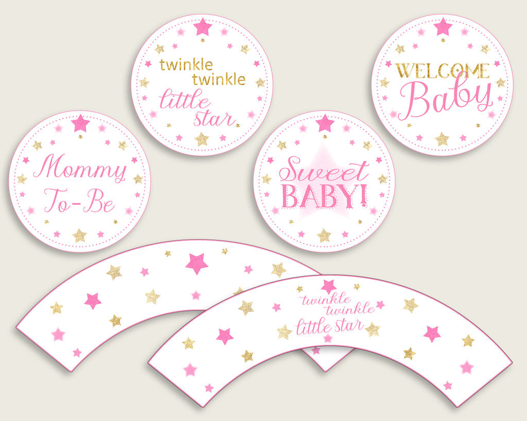 Twinkle Star Cupcake Toppers, Pink Gold Cupcake Wrappers, Toppers Wrappers Baby Shower Girl, Instant Download, Cute Stars bsg01