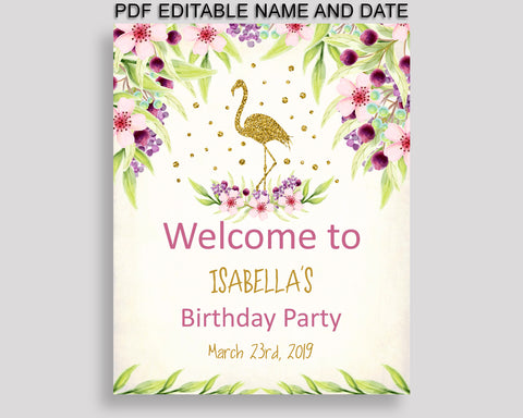 Flamingo Birthday Welcome Sign Printable, Gold Green Birthday Party Large Sign, Editable Welcome Sign Girl, P3SIV