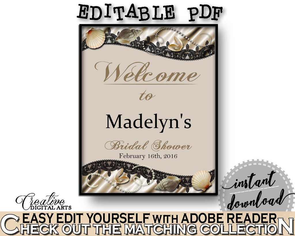 Bridal Shower Welcome Sign Editable in Seashells And Pearls Bridal Shower Brown And Beige Theme, entrance sign, party ideas - 65924 - Digital Product