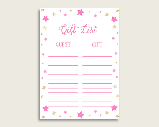 Twinkle Star Baby Shower Gift List, Pink Gold Gift List Printable, Girl Baby Shower Gift Checklist Sheet, Instant Download, Cute Stars bsg01