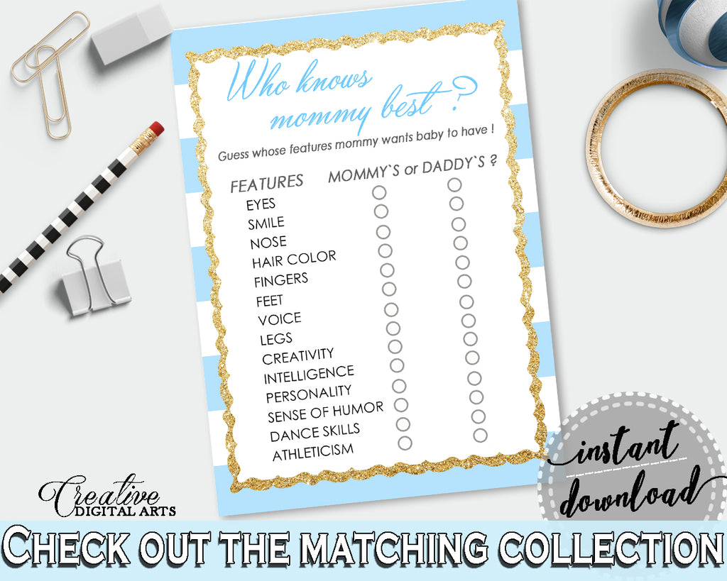Who KNOWS MOMMY BEST baby shower printable game with blue and white stripes theme, gold glitter, instant download - bs002