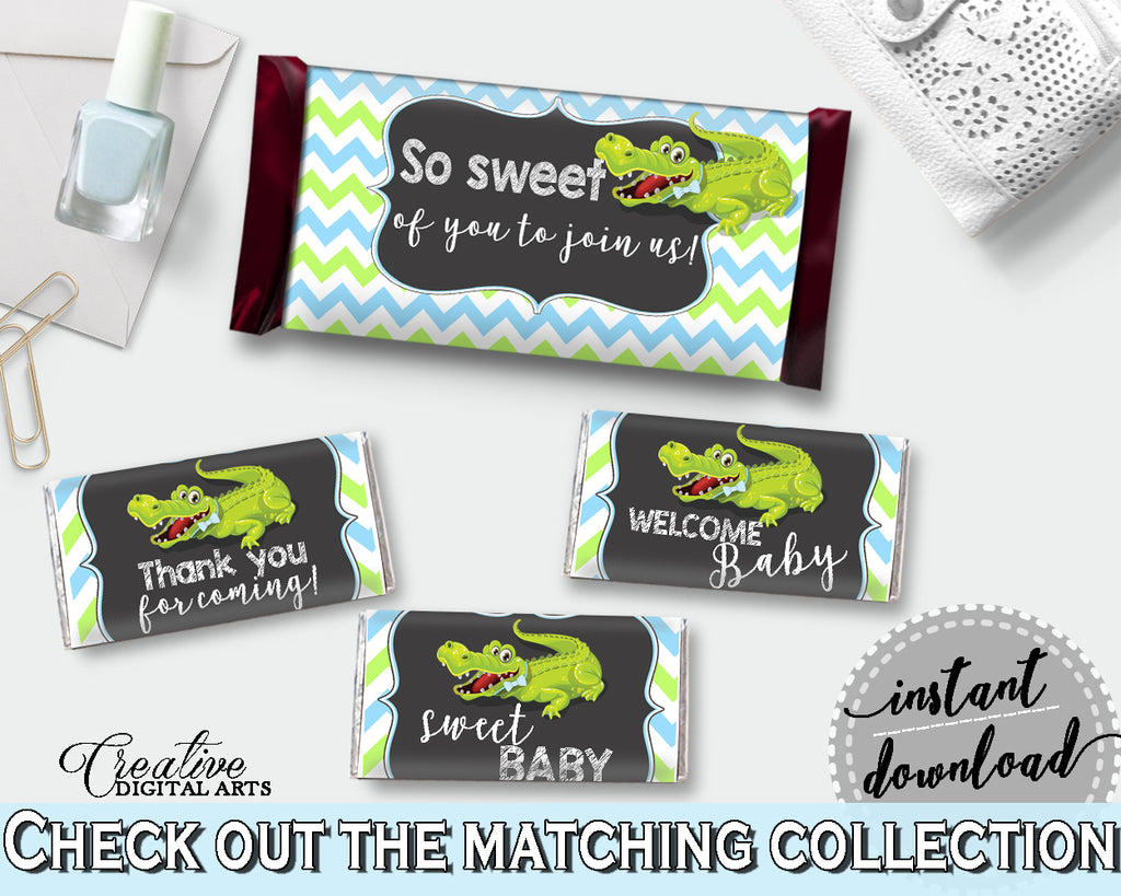 Baby shower CANDY BAR decoration wrappers and labels printable with green alligator and blue color theme for boy, instant download - ap002