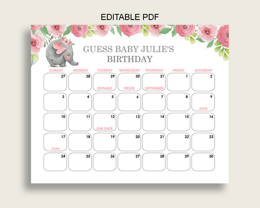 Pink Grey Guess Baby Due Date Calendar Game Printable, Pink Elephant Baby Shower Girl Birthday Prediction Calendar Editable, Instant ep001