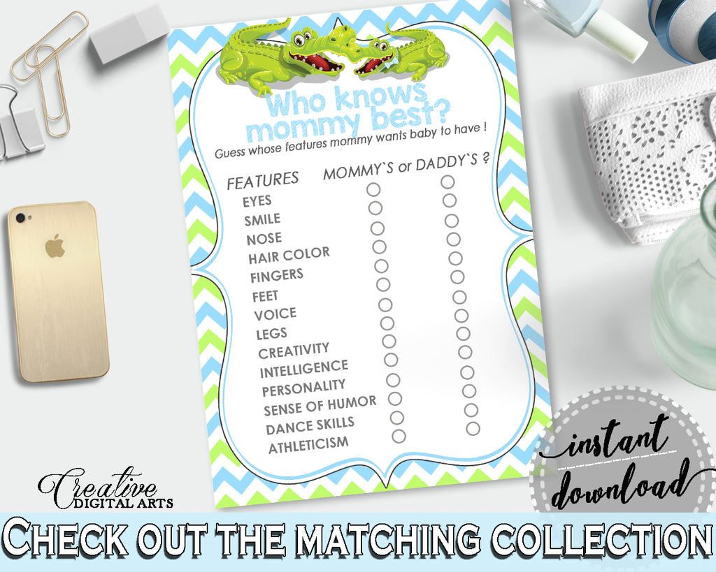 WHO KNOWS MOMMY BEST baby shower game with green alligator and blue color theme, instant download - ap002