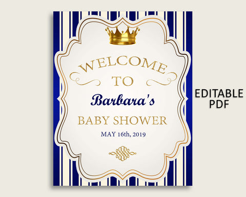 Blue Gold Royal Prince Baby Shower Welcome Sign Printable, Party Large Sign, Editable Welcome Sign Boy, Yard Sign, Instant Download, rp001