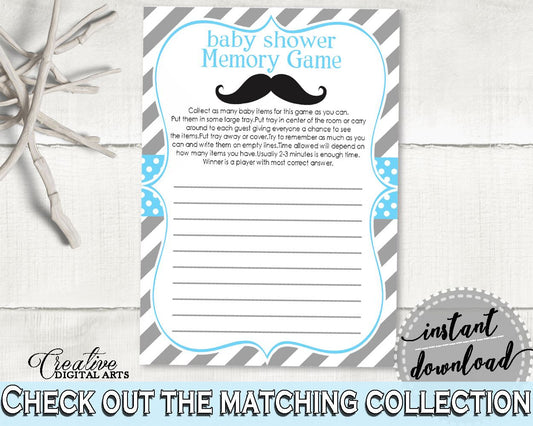 Blue Gray Memory Game, Baby Shower Memory Game, Mustache Baby Shower Memory Game, Baby Shower Mustache Memory Game party ideas 9P2QW - Digital Product