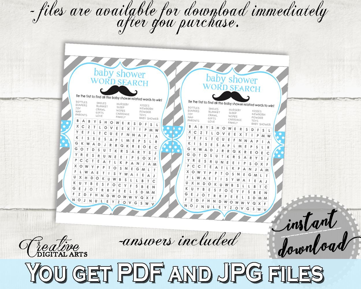 Word Search, Baby Shower Word Search, Mustache Baby Shower Word Search, Baby Shower Mustache Word Search Blue Gray party theme - 9P2QW - Digital Product