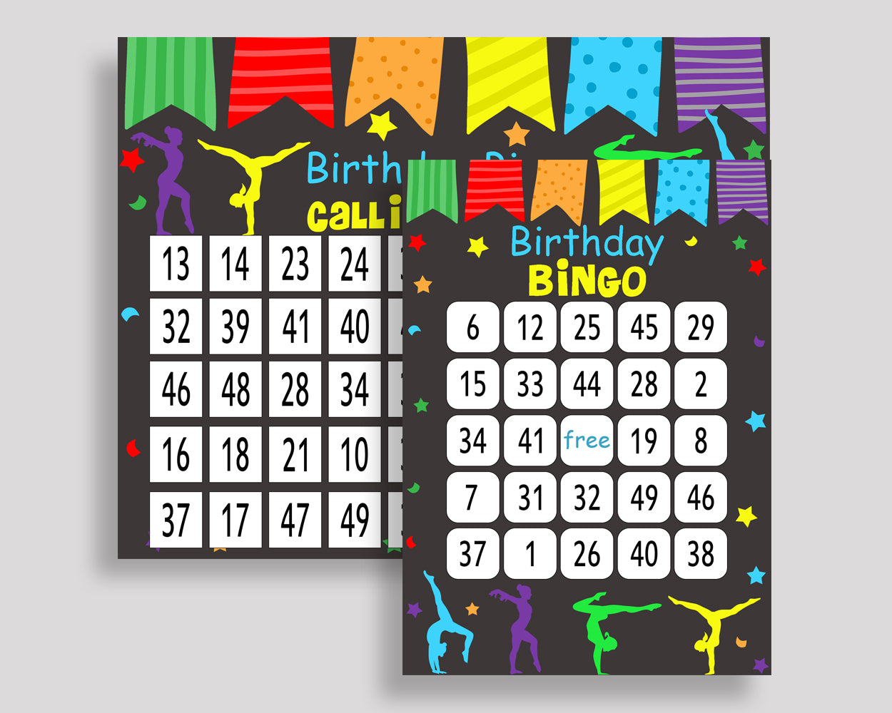 Gymnastics Bingo Cards Gymnastics Bingo Game Gymnastics Birthday Bingo Cards Rainbow Black Bingo 60 Cards Girl QKROL