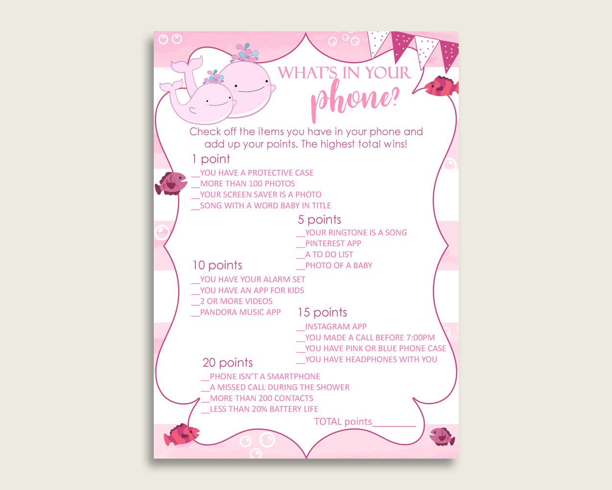 Pink White What's In Your Phone Game, Pink Whale Baby Shower Girl, What's In Your Cell Phone Printable, Instant Download, Sea Animals wbl02