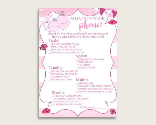 Pink White What's In Your Phone Game, Pink Whale Baby Shower Girl, What's In Your Cell Phone Printable, Instant Download, Sea Animals wbl02