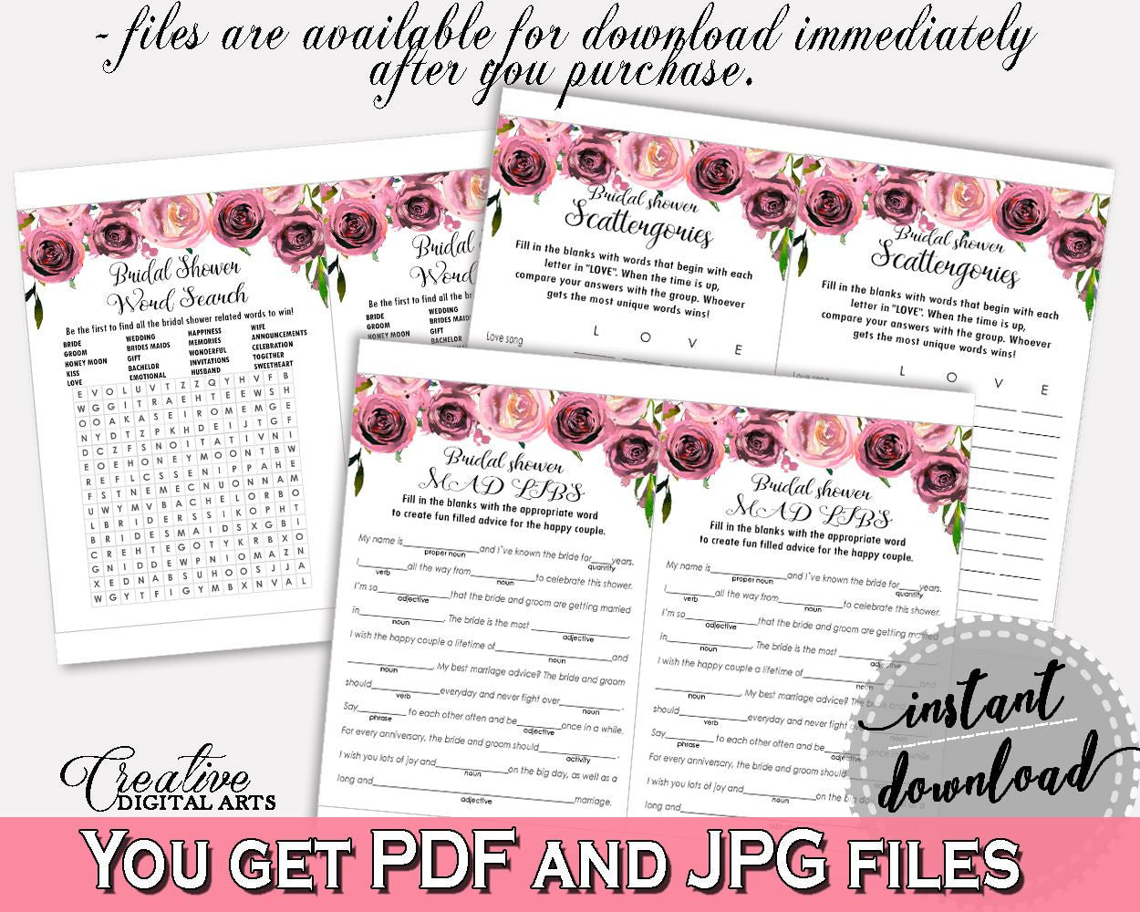 Games Bridal Shower Games Floral Bridal Shower Games Bridal Shower Floral Games Pink Purple paper supplies, shower activity, prints - BQ24C - Digital Product