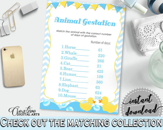 Baby Shower Boy, Rubber Ducky ANIMAL GESTATION game,  mint and blue shower printable, digital files, Jpg and Pdf, instant download - rd002 - Digital Product