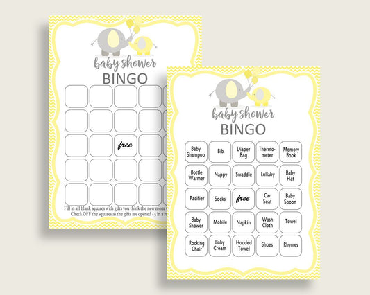 Bingo Baby Shower Bingo Yellow Baby Shower Bingo Baby Shower Elephant Bingo Yellow Gray party theme baby shower idea printables W6ZPZ